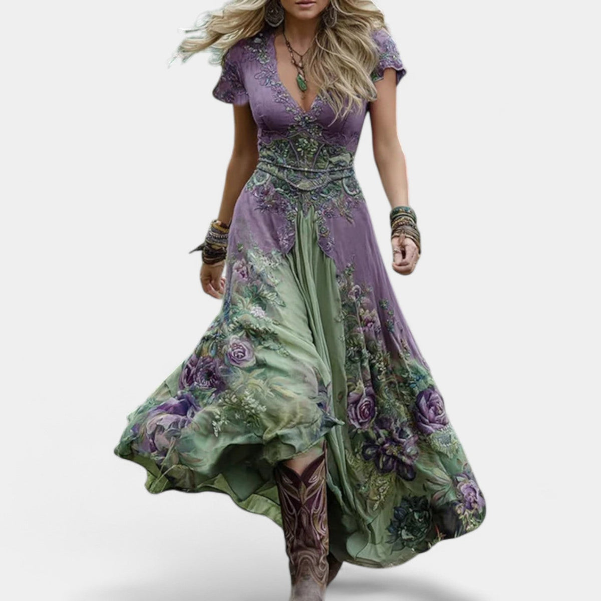 Floral Embroidered V-Neck Short Sleeve Maxi Dress 2