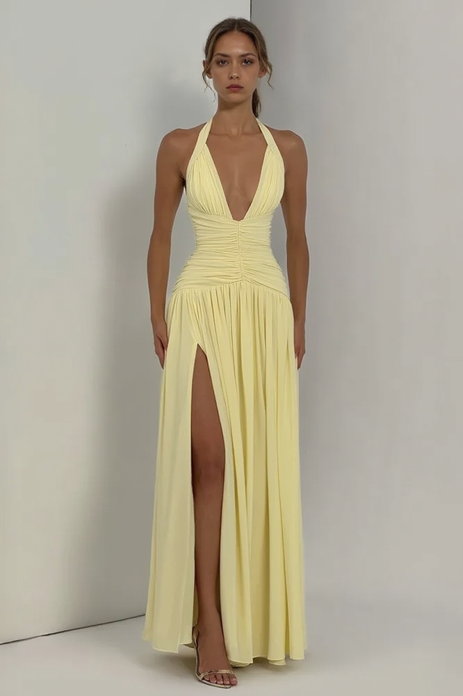 Halter Neck Deep V-Neck Ruched High Split Maxi Dress