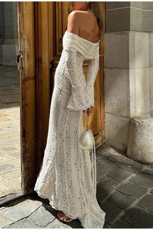 Slim Fit Off Shoulder Lace Dress in White - View 4