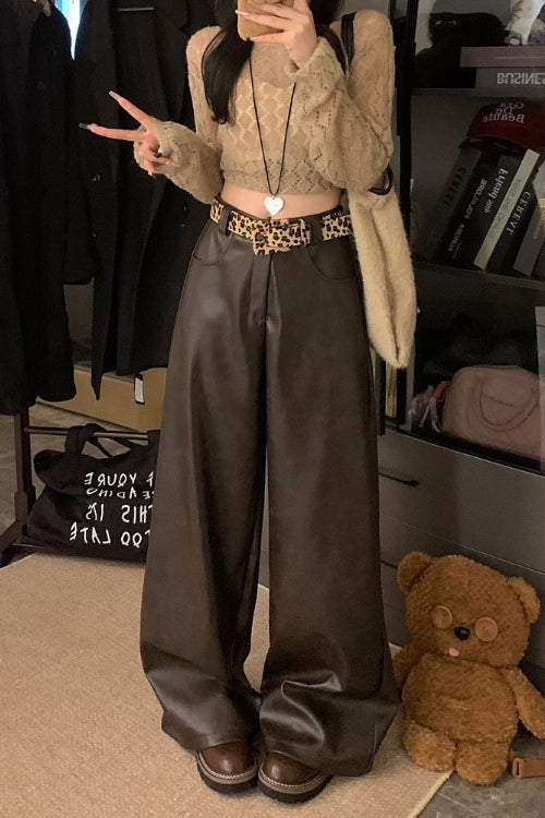 High Waist PU Leather Elastic Waist Wide Leg Pants