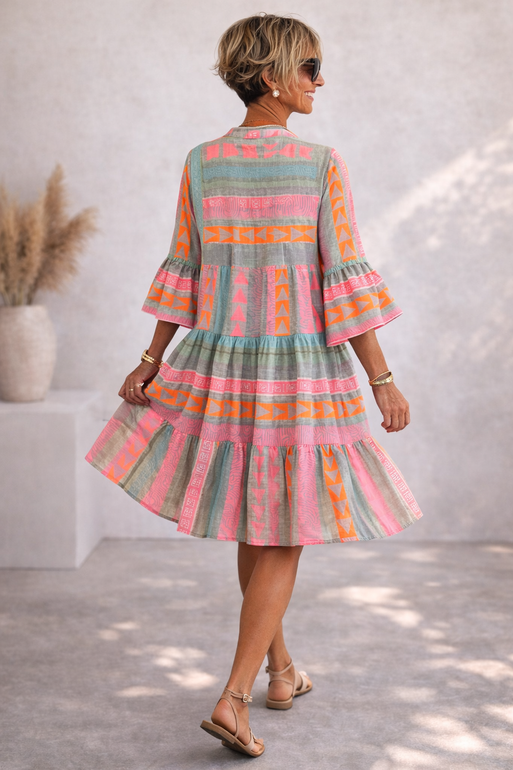 Geometric Print Split Neck Bell Sleeve Tiered Mini Dress Summer 5