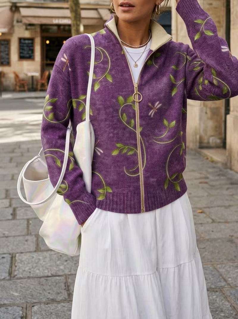 Dragonfly Vine Print Mock Neck Zip Front Knit Cardigan 2