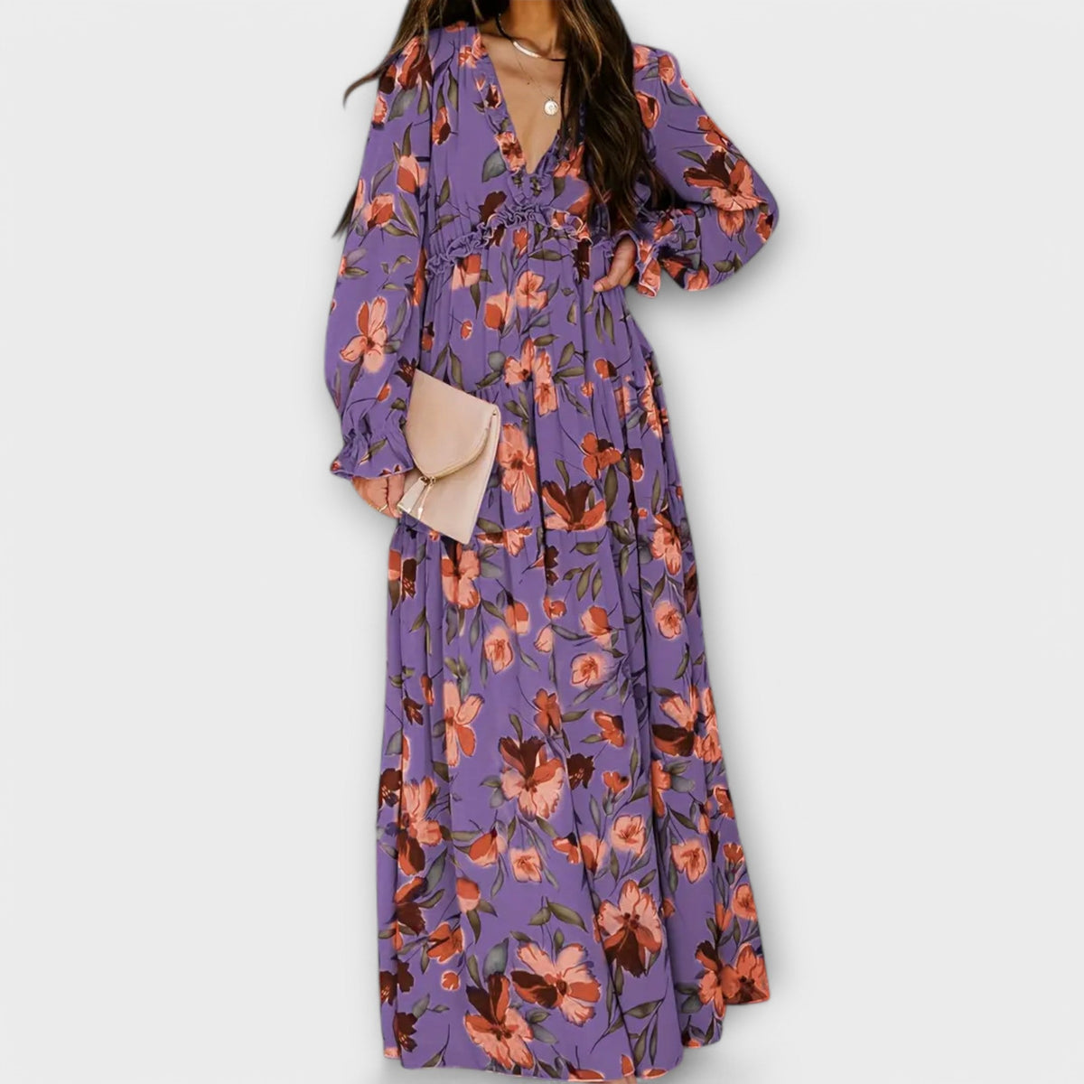 Floral V-Neck Long Sleeve Tiered Maxi Dress 9