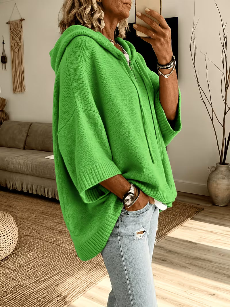 Hooded Drawstring Oversized Knit Poncho Sweater 30