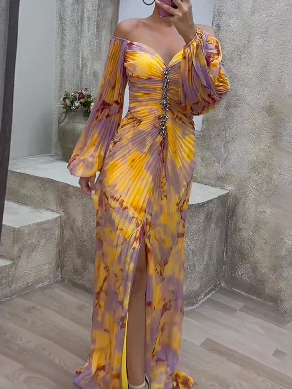 Floral Chiffon Off Shoulder Bishop Sleeve Pleated Maxi Gown 4