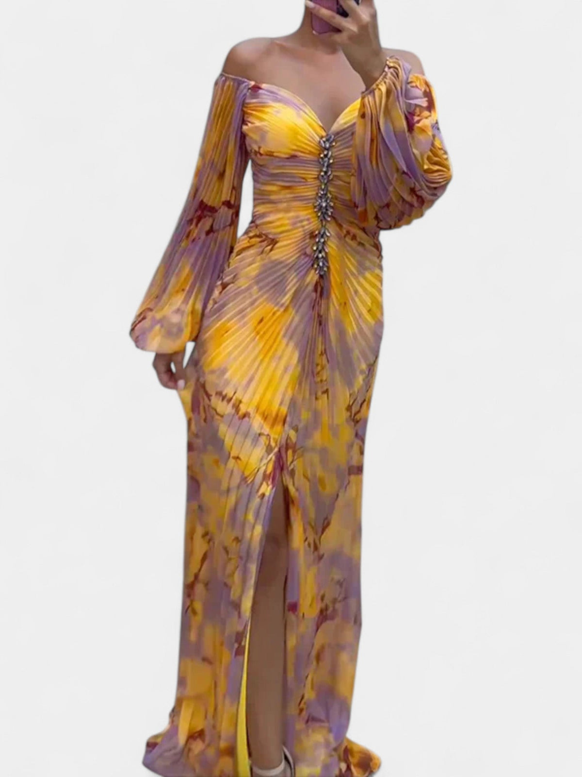 Off Shoulder Long Sleeve Tie Dye High Split Maxi Dress 2