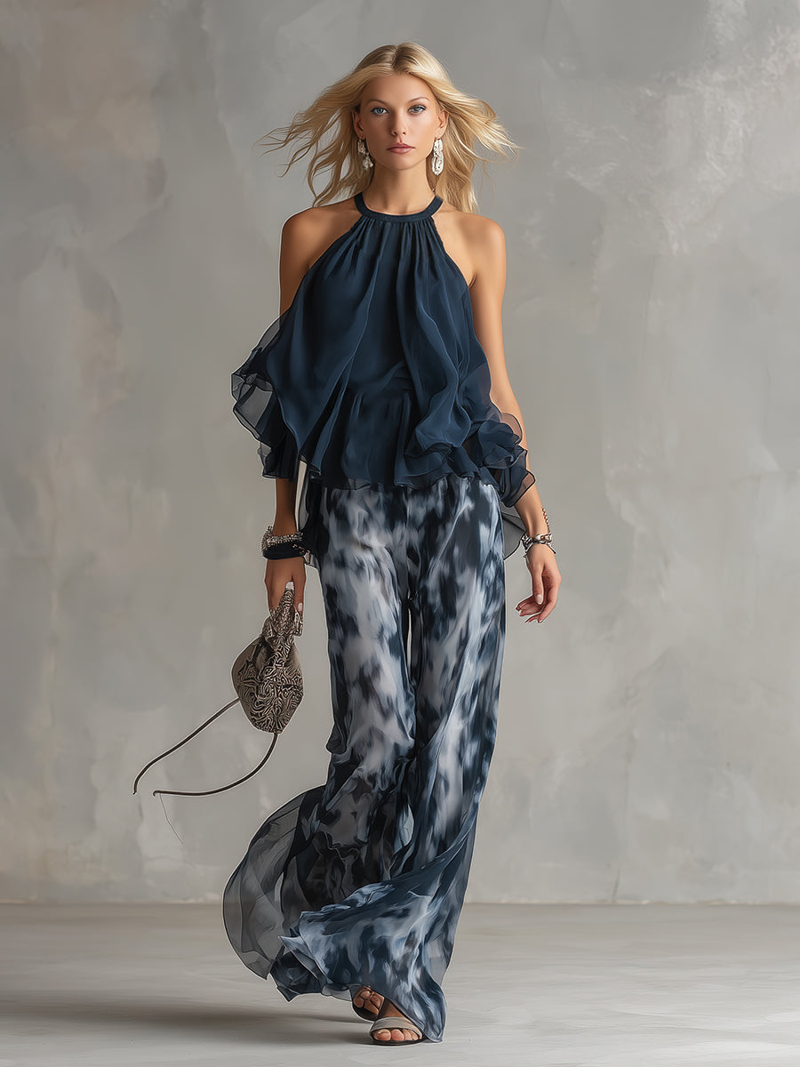 Halter Neck Cold Shoulder Ruffle Top and Printed Wide Leg Pants Two Piece Set 3