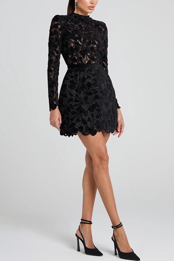 Floral Lace High Neck Long Sleeve Belted Mini Dress - View 5