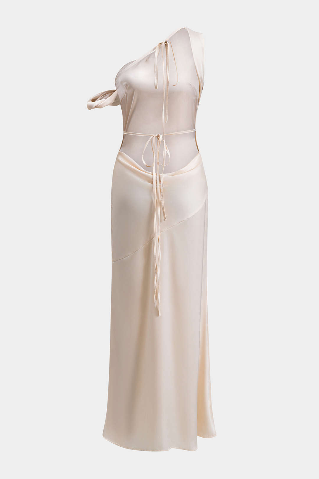 Satin Asymmetrical One Shoulder Backless Maxi Dress - View 2