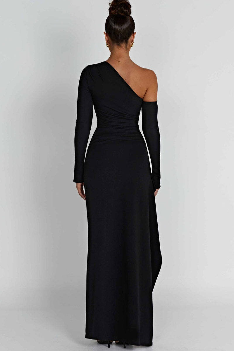 One Shoulder Long Sleeve Ruched High Split Mermaid Gown - View 7