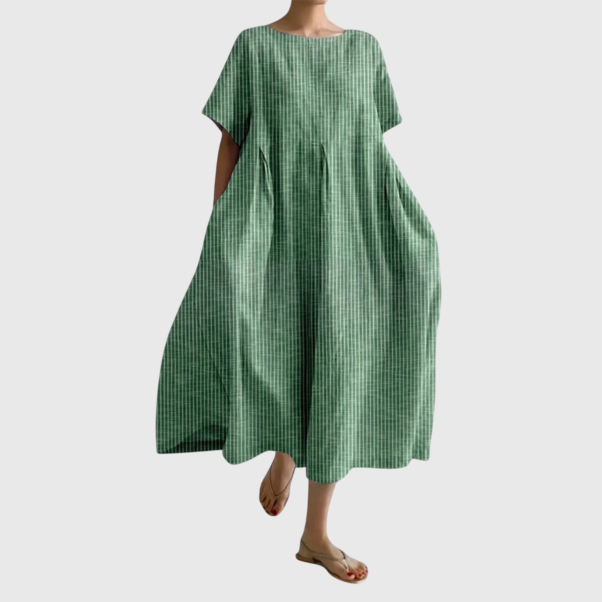 Striped Round Neck Short Sleeve Pleated Maxi Dress 5