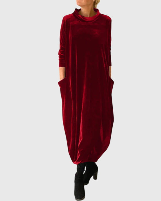 Velvet Mock Neck Long Sleeve Cocoon Midi Dress 2