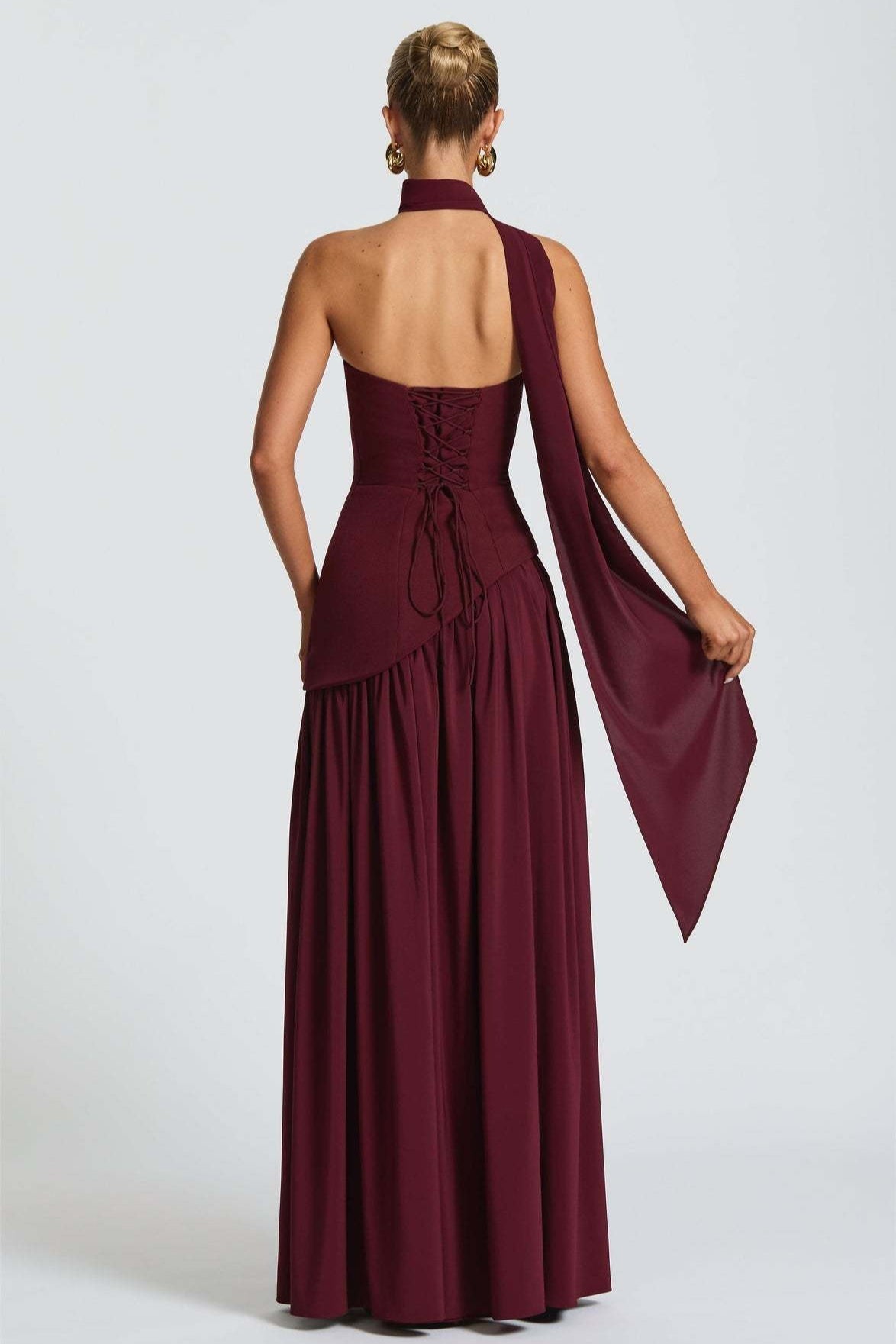 Strapless Scarf Neck High Split Draped Maxi Gown - View 19