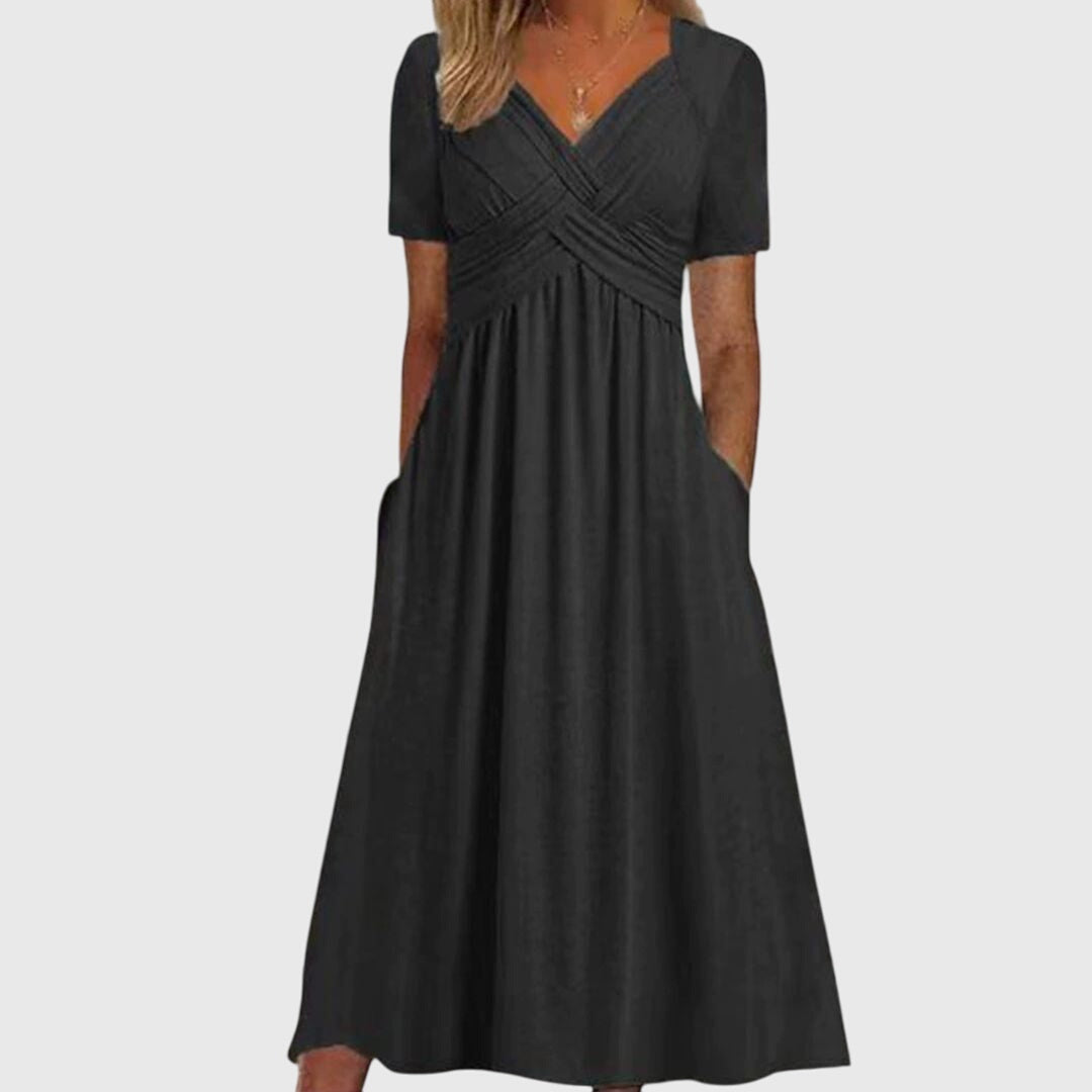Cross Front Ruched V-Neck Short Sleeve Pocket Midi Dress 5