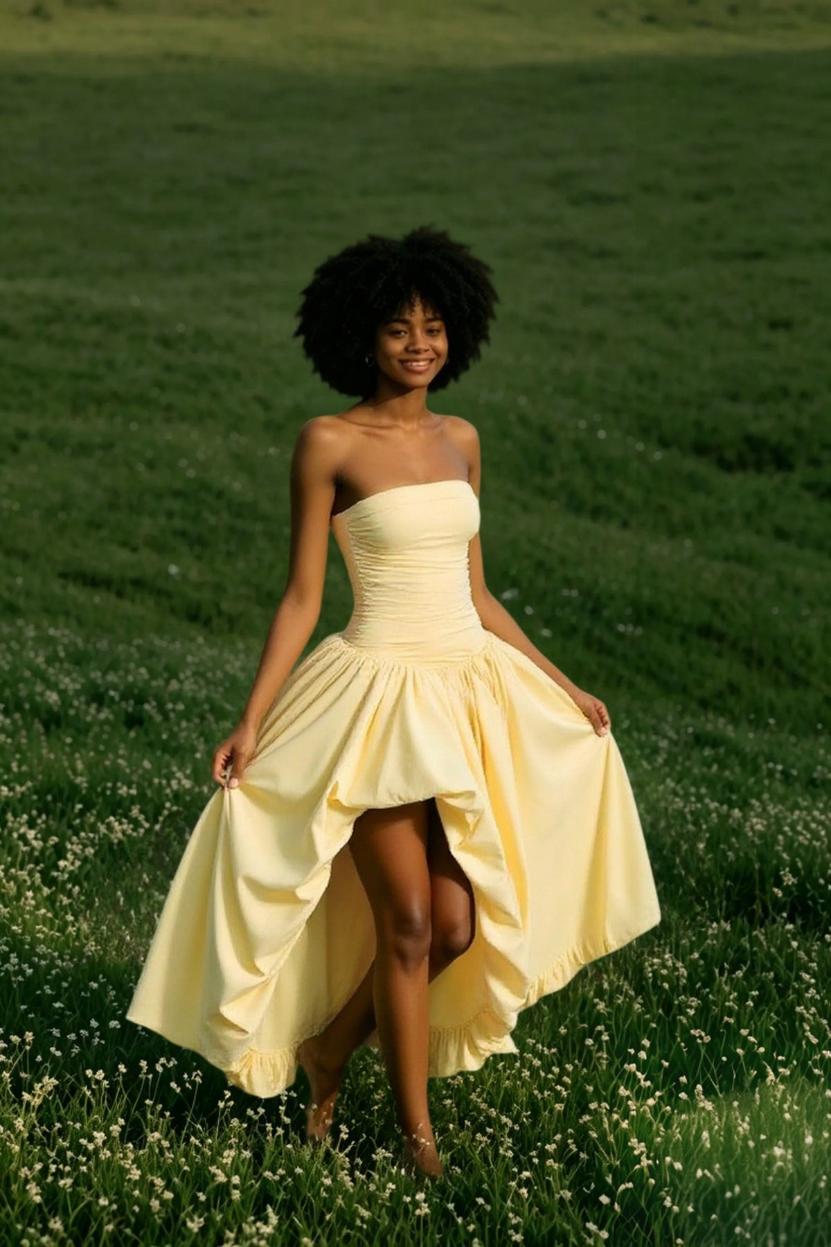 Strapless Ruched Drop Waist High Low Maxi Dress - View 2