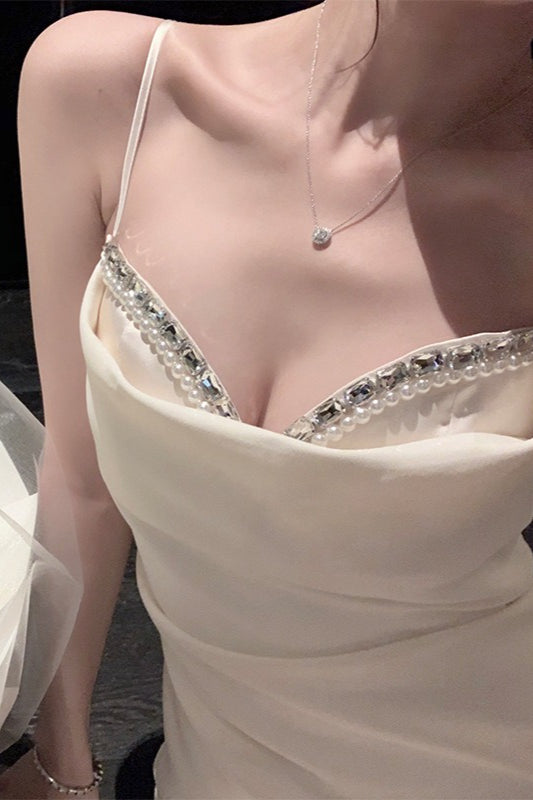 Spaghetti Strap Cowl Neck Beaded Satin Slip Mini Dress - View 2