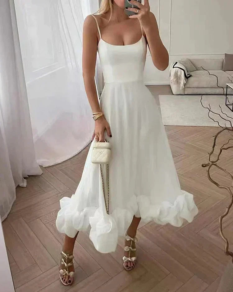 Spaghetti Strap Scoop Neck Fitted Bodice Ruffle Hem Floor Length Gown - View 2