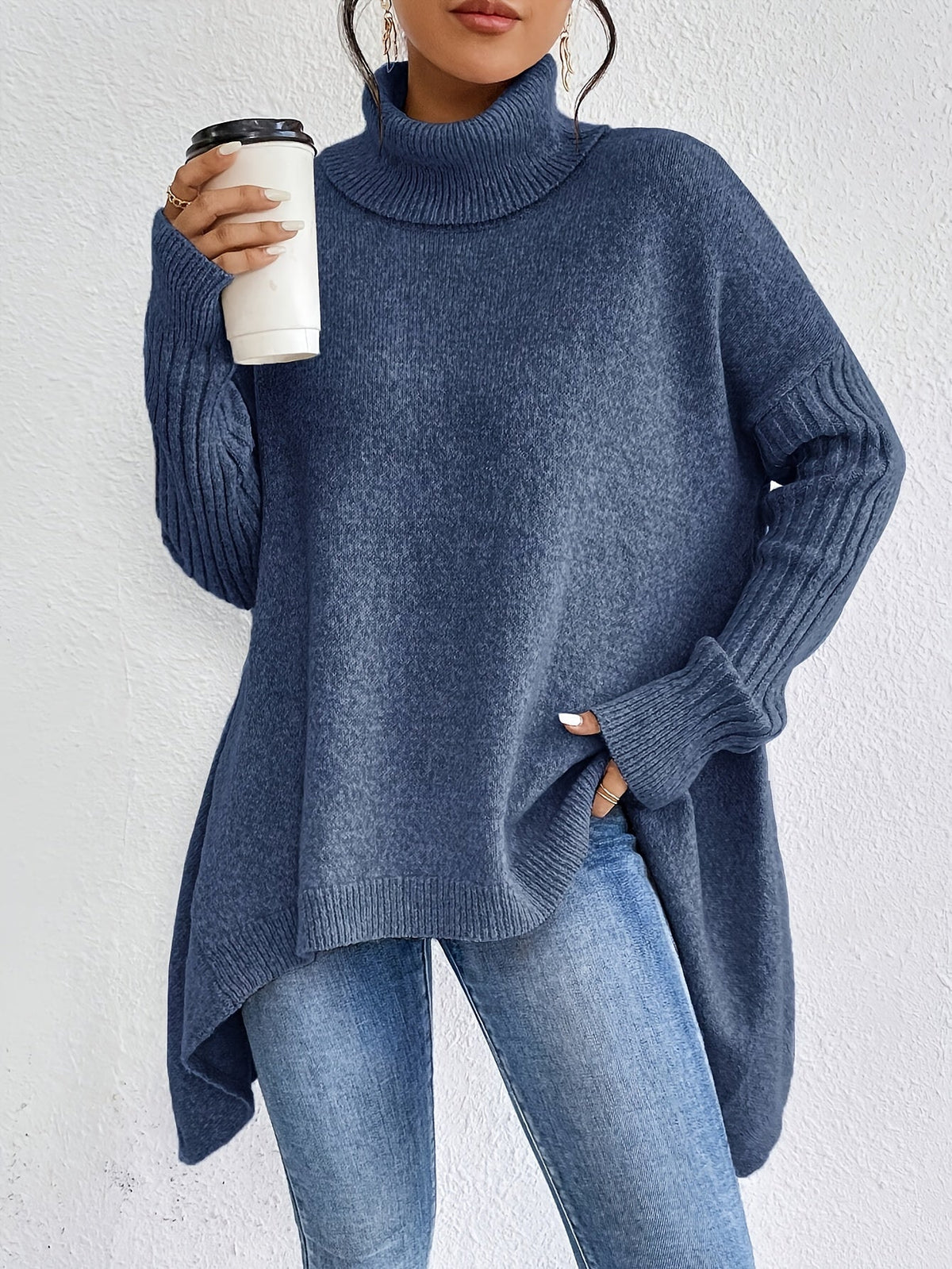 Turtleneck Drop Shoulder High Low Split Hem Oversized Sweater