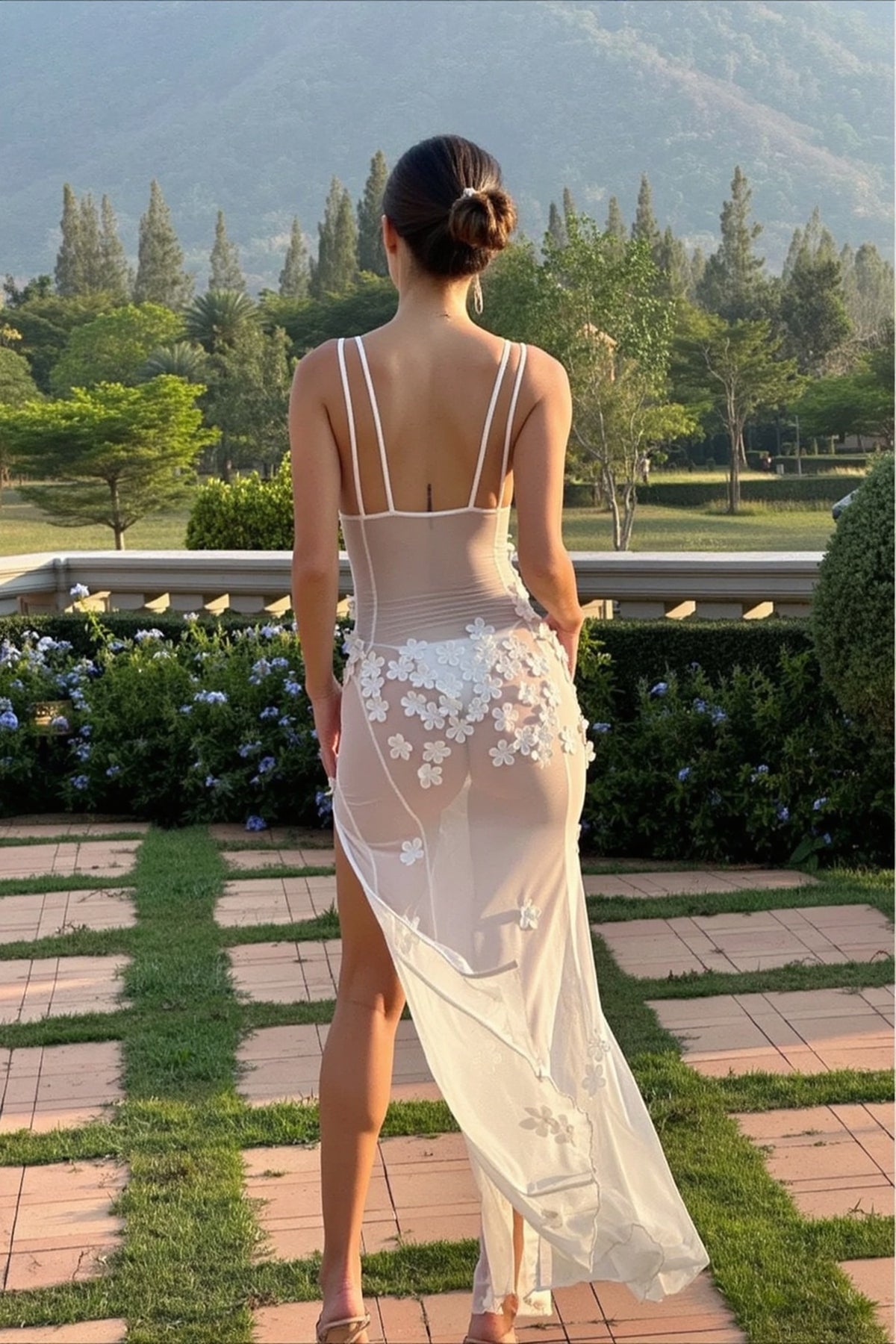 Backless Sheer Mesh Floral Dress