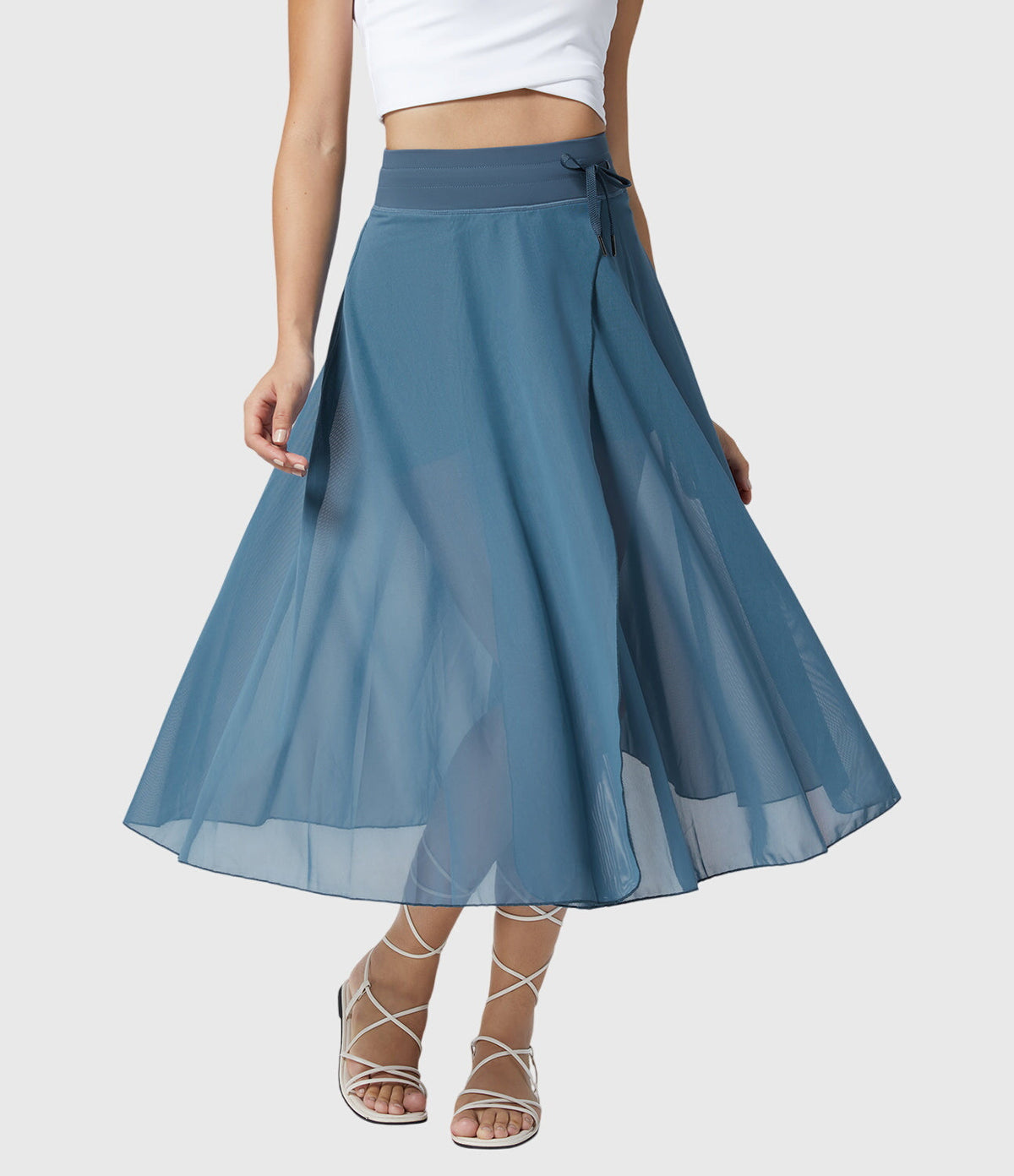 High Waist Drawstring Front Slit A-Line Midi Skirt 23
