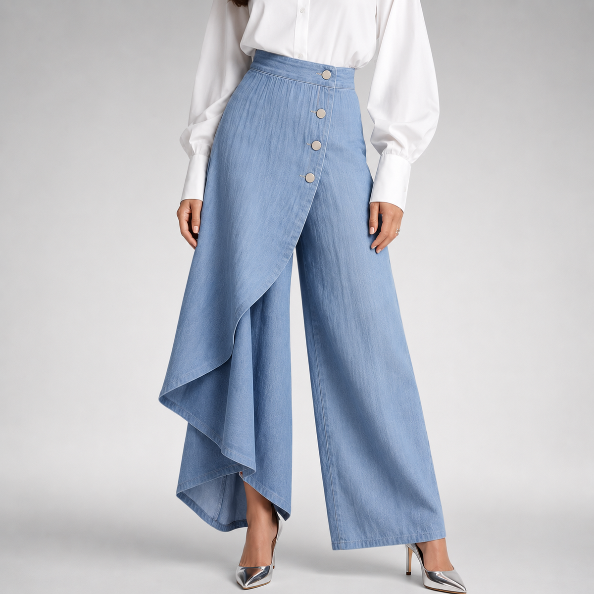 Layered Wrap Wide Leg Denim Trousers 4