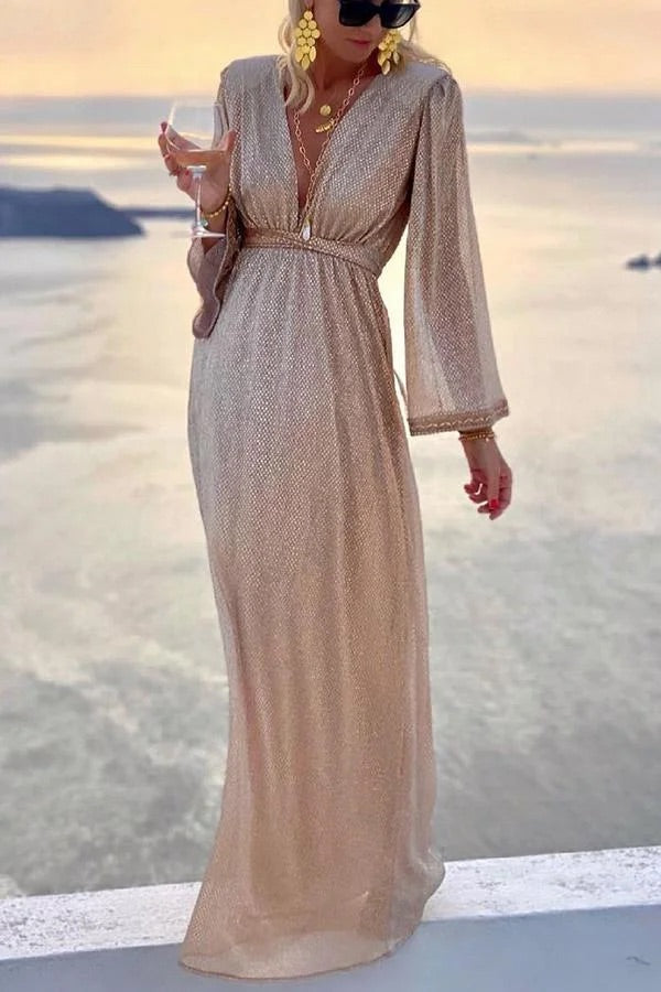 Sequin Deep V-Neck Bell Sleeve Empire Waist Maxi Party Gown