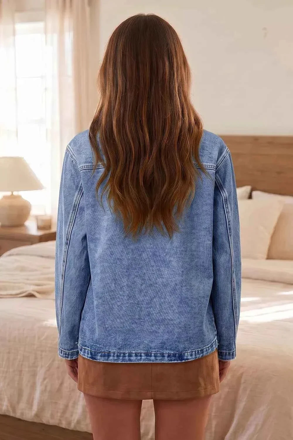 Patchwork Leather Collar Long Sleeve Denim Jacket