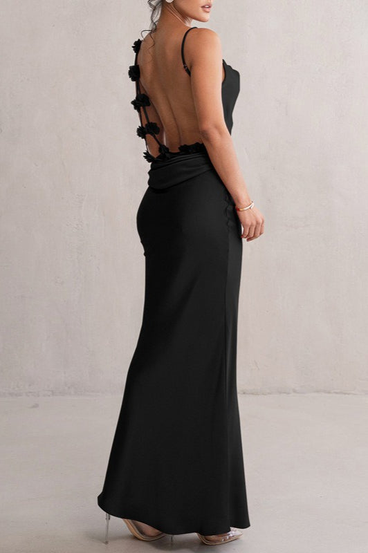 Satin Cowl Neck Spaghetti Strap Bias Cut Bodycon Maxi Dress - View 2