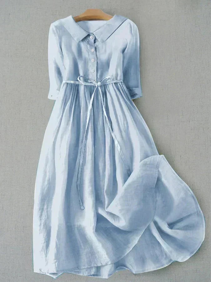 Collared Button Down Three Quarter Sleeve Tie Waist Gathered Woven Maxi Shirt Dress