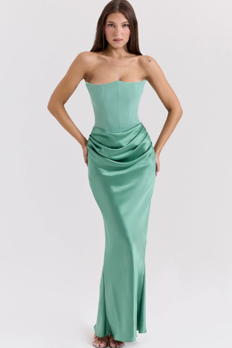 Strapless Sweetheart Corset Gathered Waist Satin Column Maxi Gown - View 9