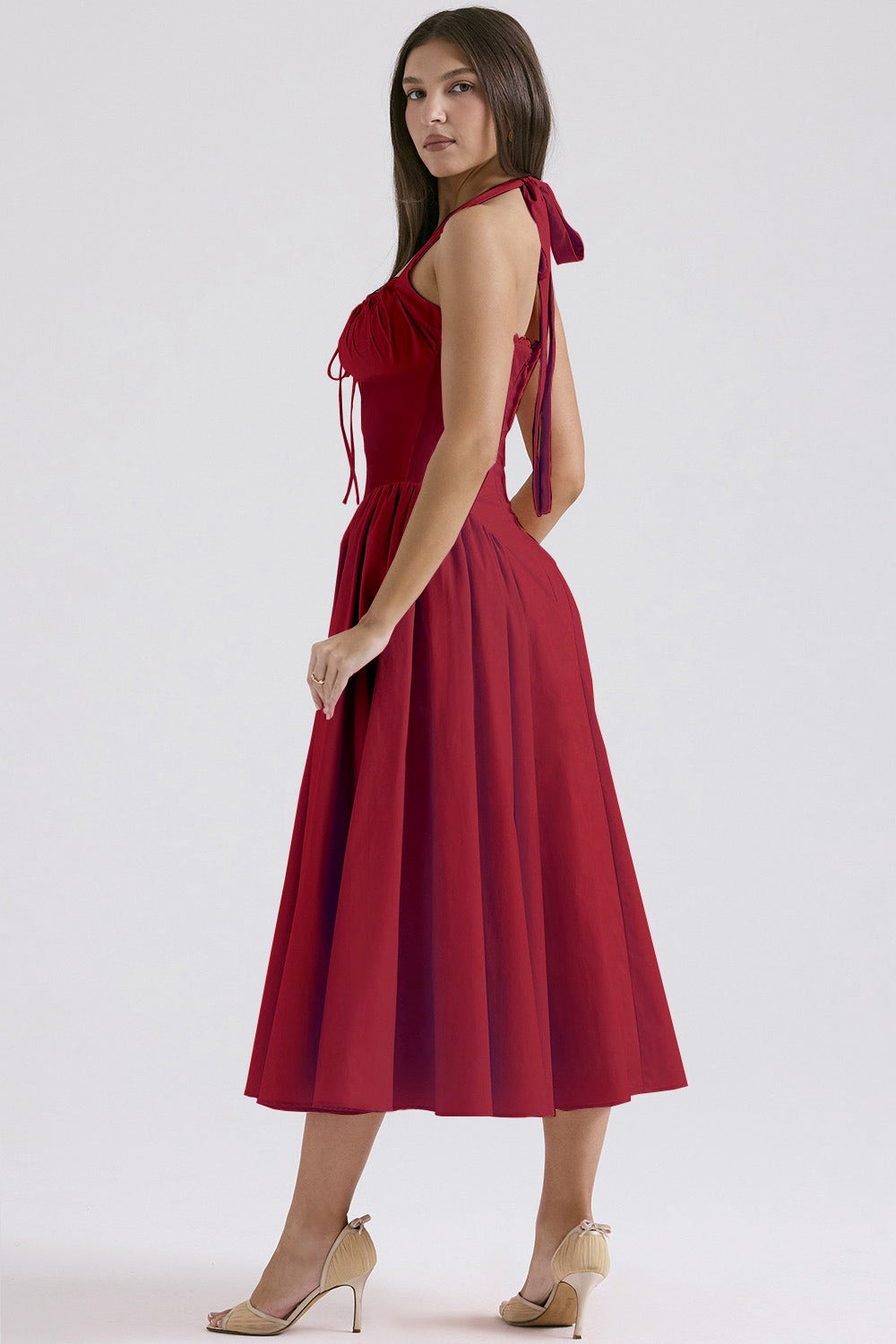 Halter Neck Ruched Corset Fit and Flare Midi Dress - View 15