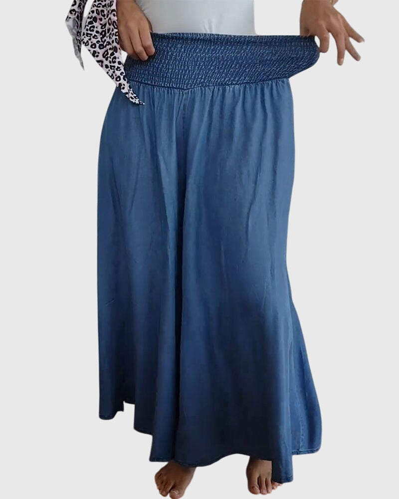 Smocked High Waist Wide Leg Denim Palazzo Pants 3