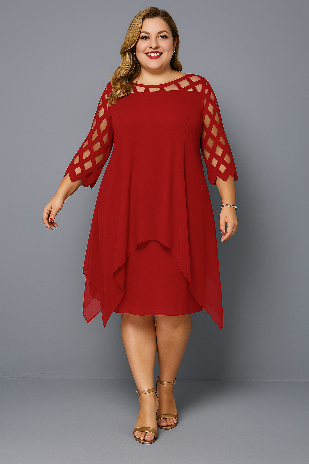 Lattice Cutout Yoke Chiffon Overlay Handkerchief Hem Dress 8