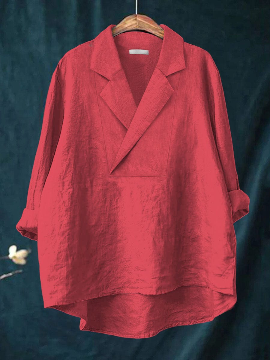 Notch Lapel V-Neck Long Sleeve Linen Look Blouse 2