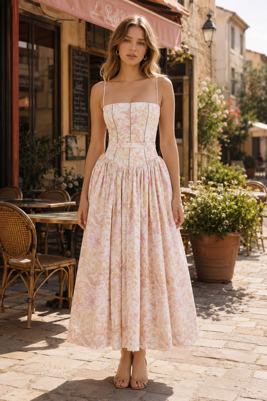 Square Neck Floral Corset Bodice Full Skirt Midi Dress 5
