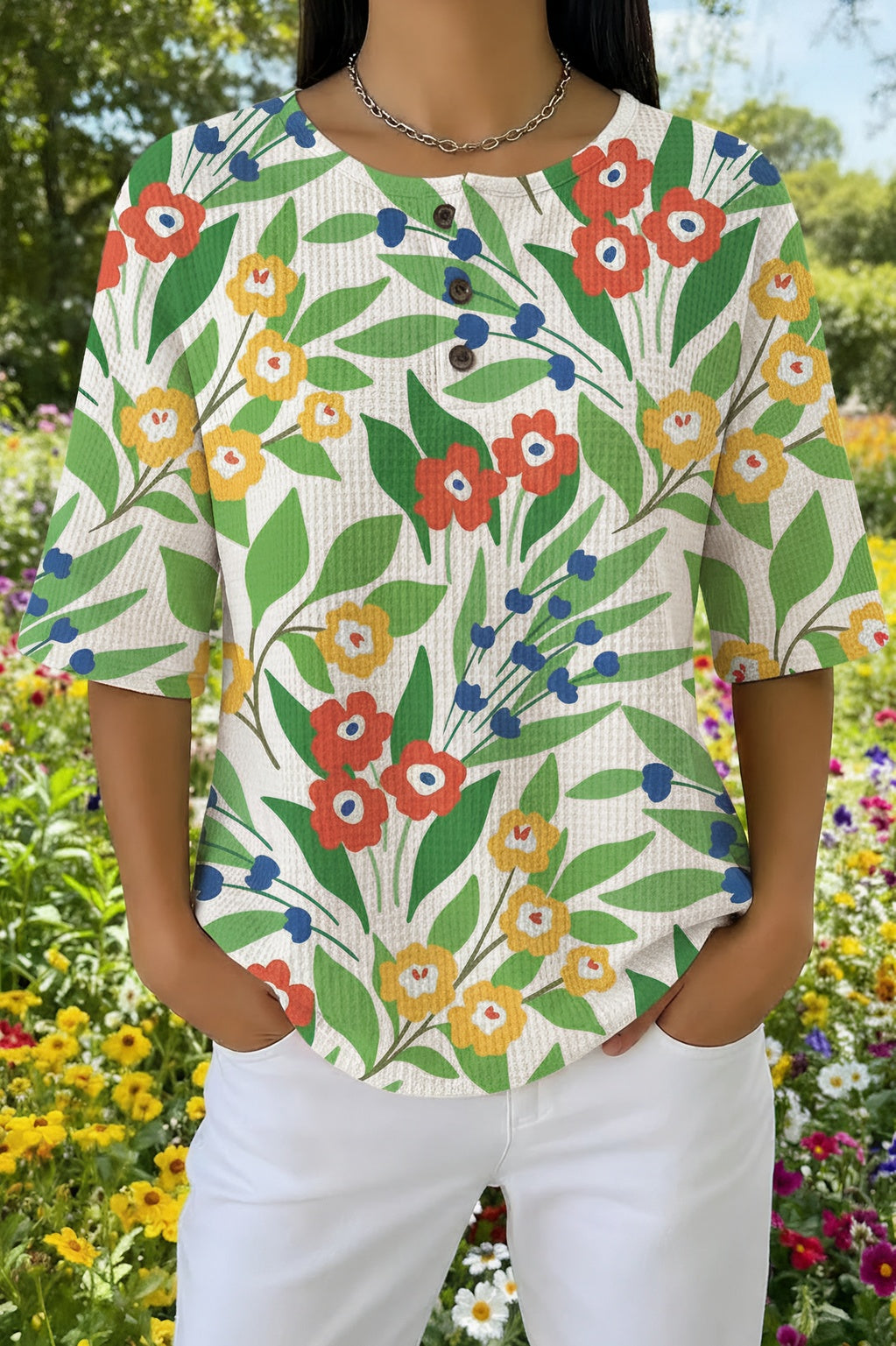 Floral Stem Print Round Neck Short Sleeve Linen Top