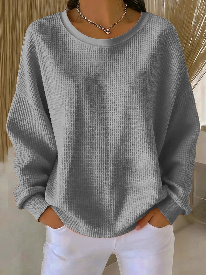 Crew Neck Drop Shoulder Waffle Knit Oversized Sweatshirt 8