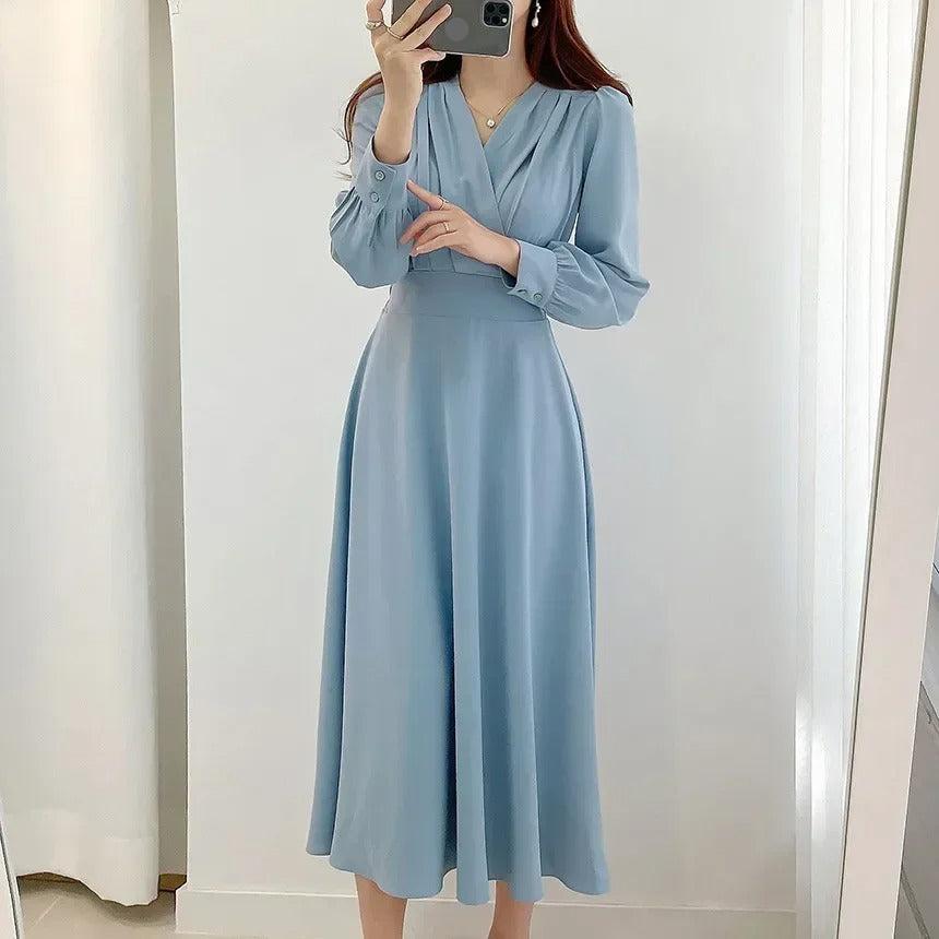 Surplice V-Neck Long Sleeve Button Cuff Waistband A-Line Midi Dress - View 2