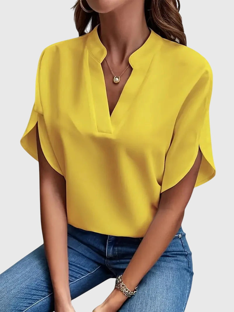 Notch V-Neck Short Sleeve Blouse 10