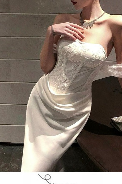 Satin Strapless Lace Bustier Ruched Mermaid Gown - View 2