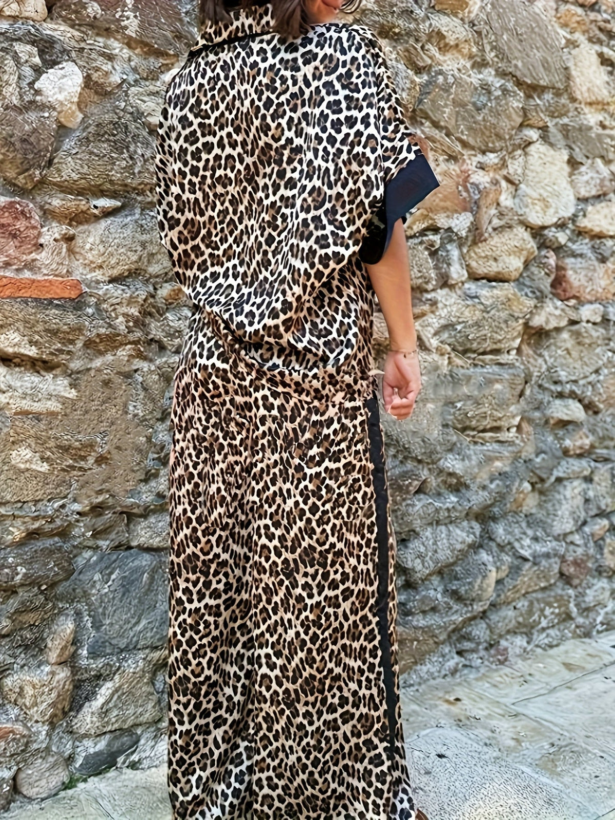 Leopard Print Contrast Trim Shirt and Wide Leg Pants Two Piece Set 10