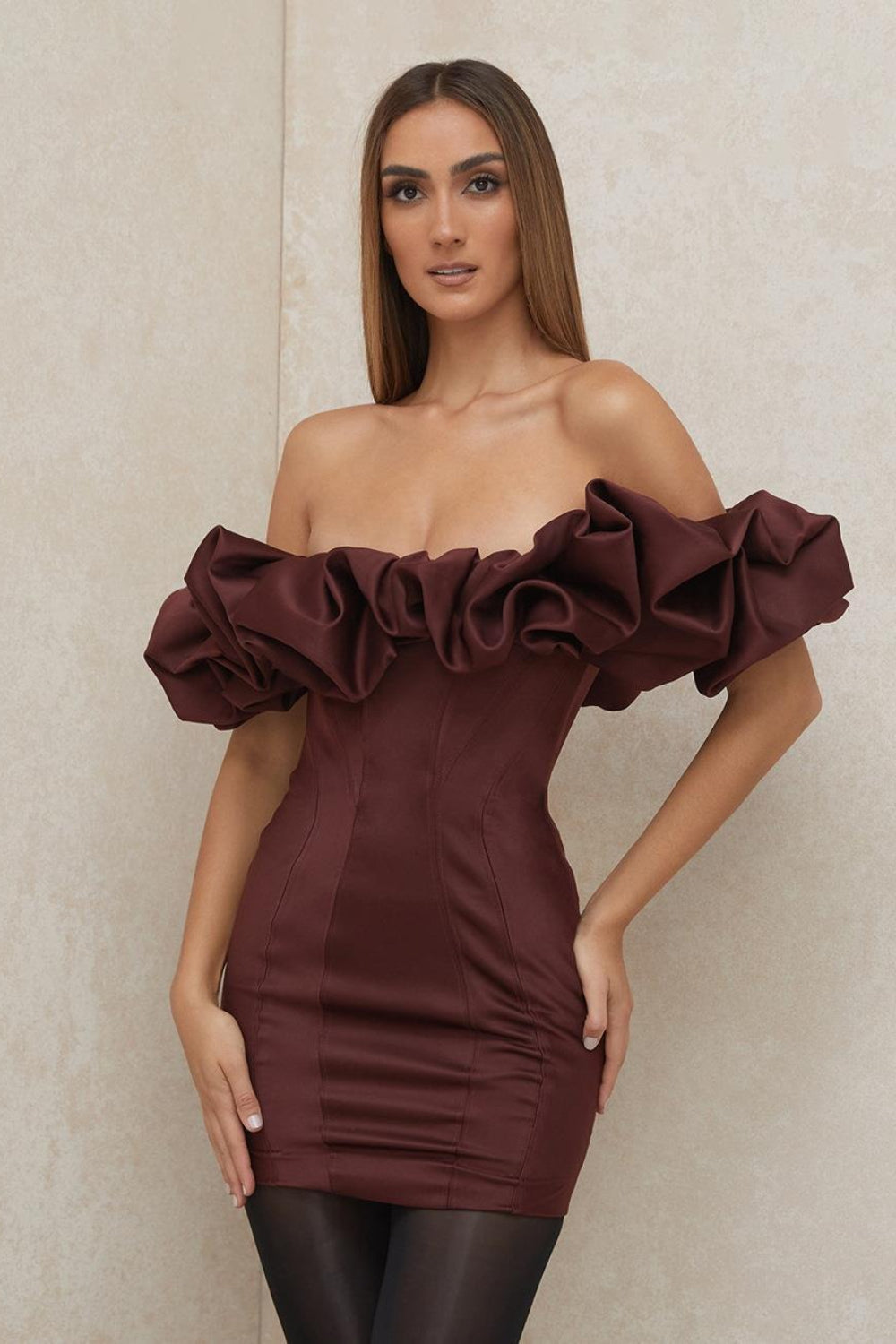 Satin Off Shoulder Ruffle Corset Bodycon Mini Party Dress - View 5