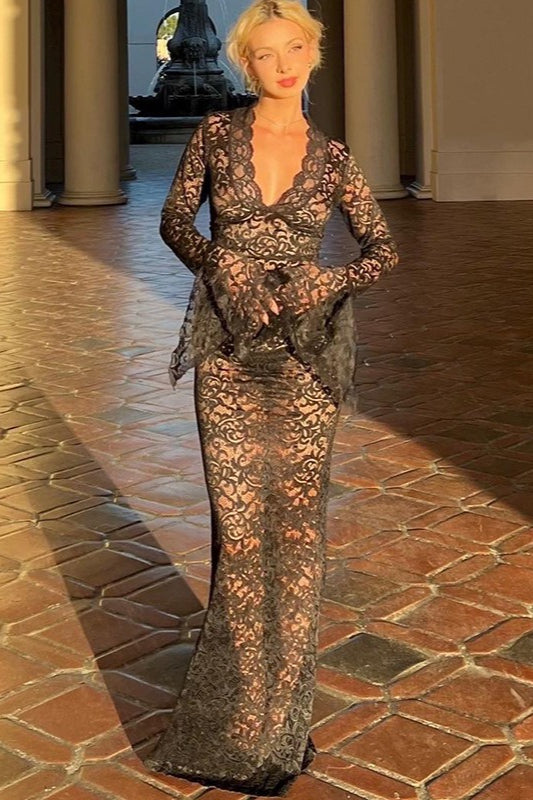 Lace Sheer Mesh Maxi Dress