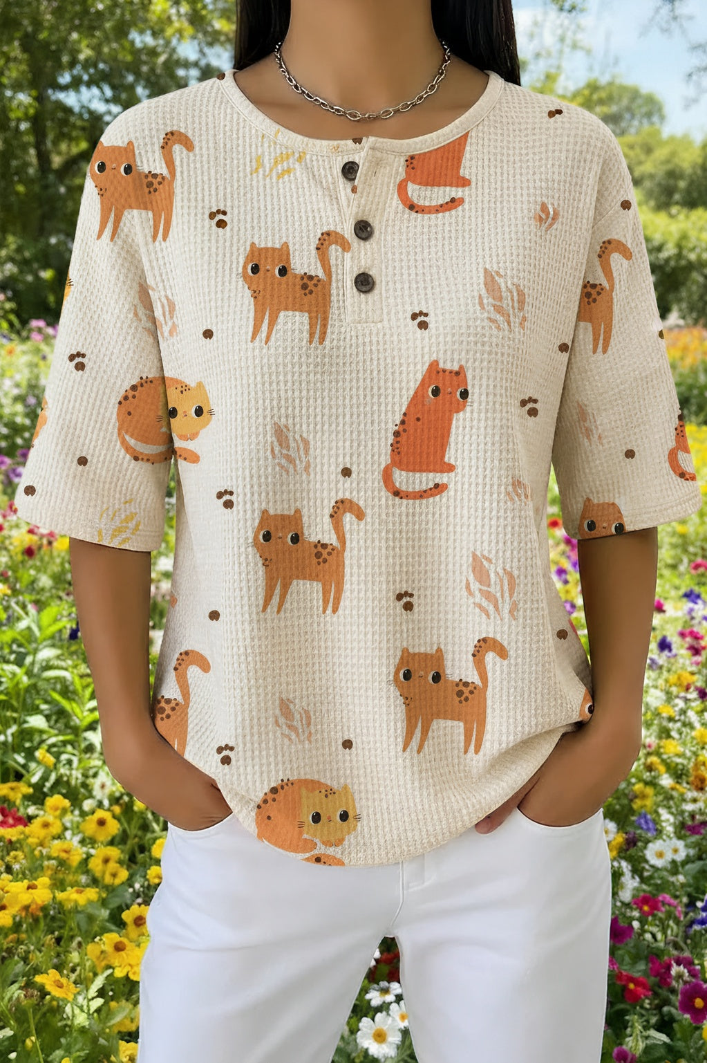 Cat Print Waffle Knit Short Sleeve Henley Top
