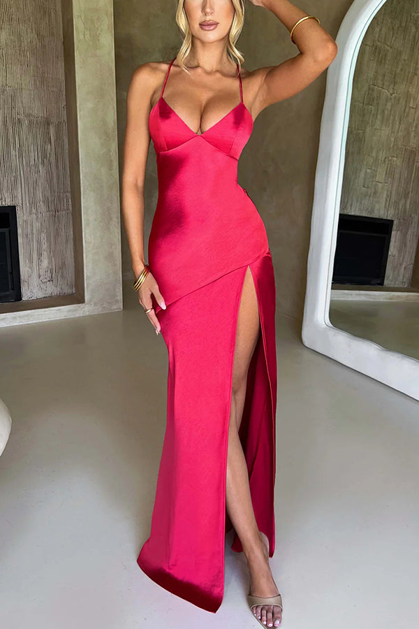 Satin Solid Color Sexy Backless Lace Up High Slit Maxi Dress 29