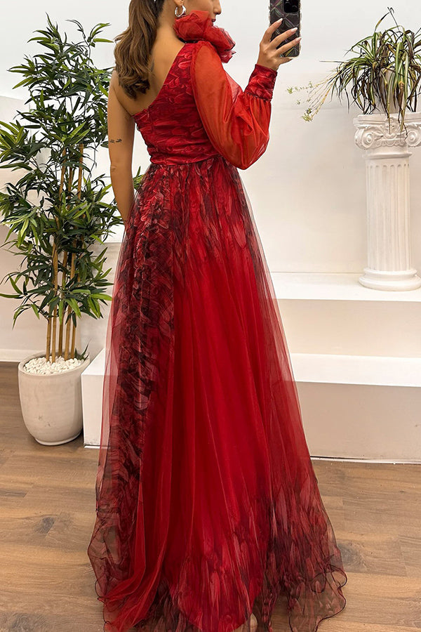 Tulle Off Shoulder Asymmetrical One Sleeve Maxi Dress - View 12