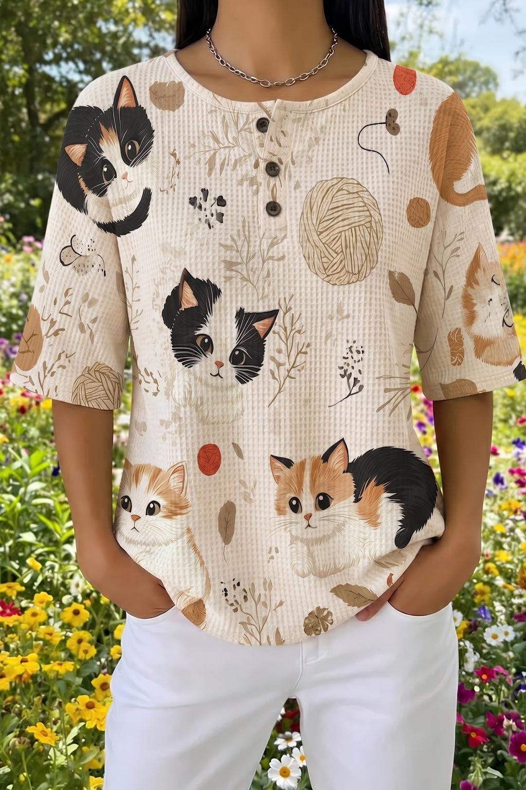Cat Print Waffle Knit Henley Short Sleeve Top