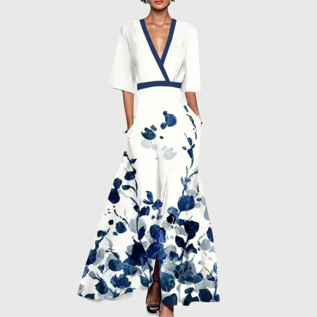 Floral Print Deep V-Neck Three Quarter Sleeve Wrap Maxi Dress 5