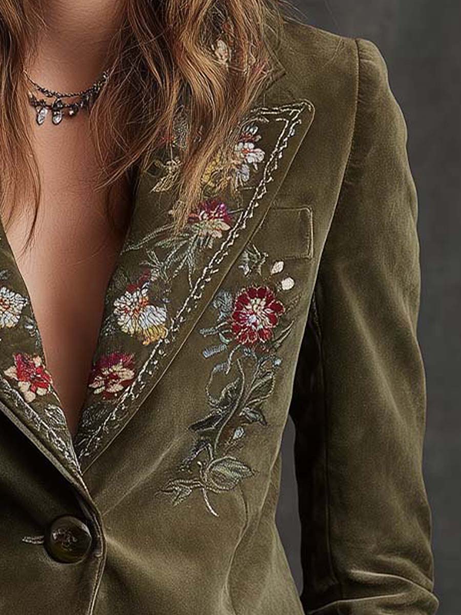 Embroidered Floral Velvet Single Button Blazer 4