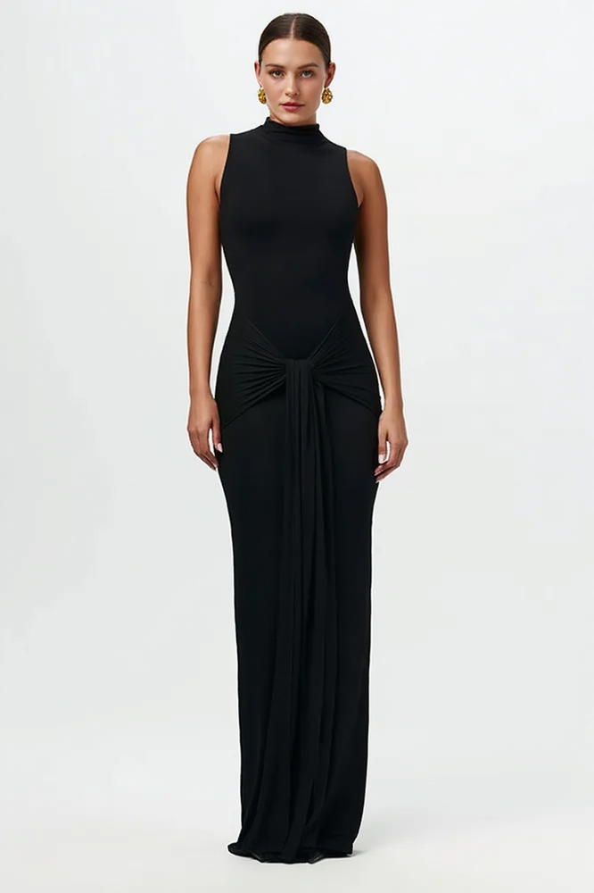 Crew Neck Sleeveless Tie Waist High Split Bodycon Maxi Dress - View 4